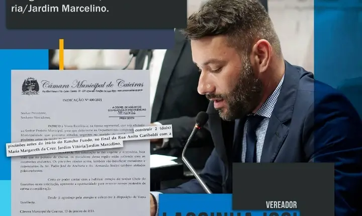 Na última sessão o Vereador Lagoinha Josi fez a INDICAÇÃO nº 400/2021