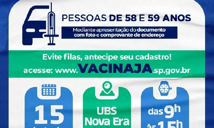 Pessoas com 58 e 59 anos já podem preparar o braço para receber a primeira dose da vacina contra a Covid-19